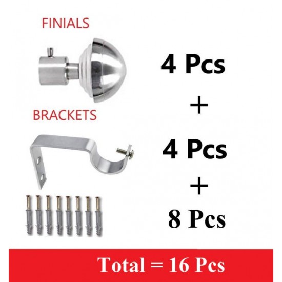 Silver Finish Stainless Steel And Alloy Curtain Finials With Heavy Supports Brackets Set